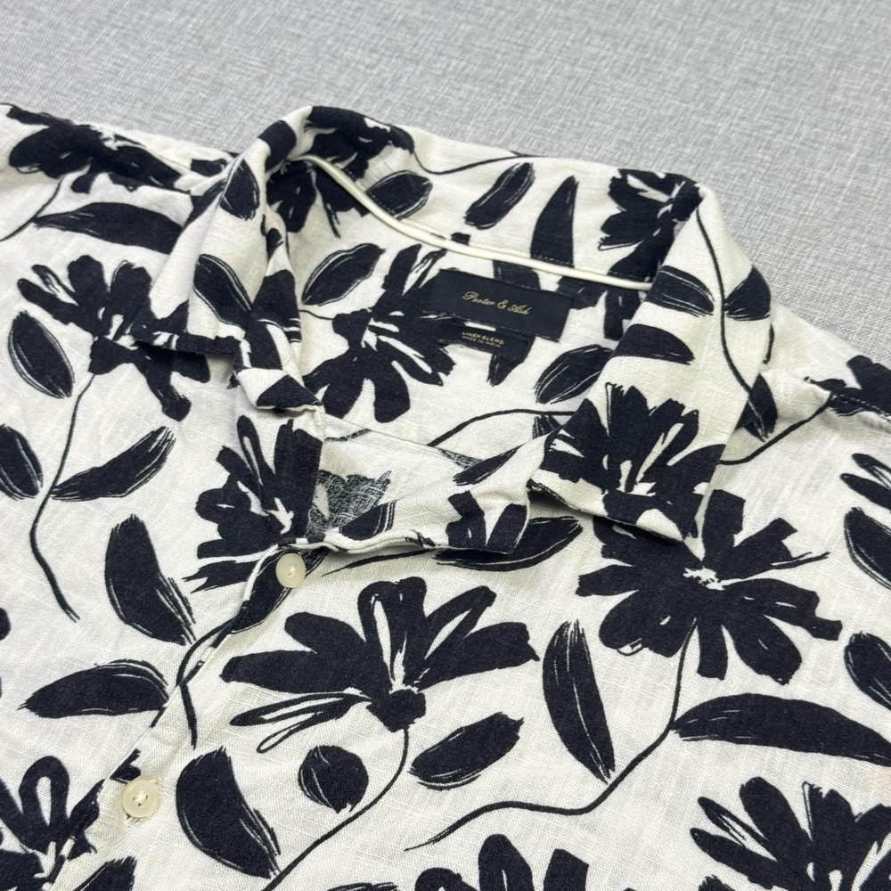 Porter & Ash Floral Shirt Mens XL White Short Sleeve Button-Up Rayon Linen